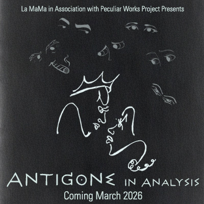Antigone in Analysis: white line drawing of two women's face staring each other down while many pairs of eyes in the background observe them.