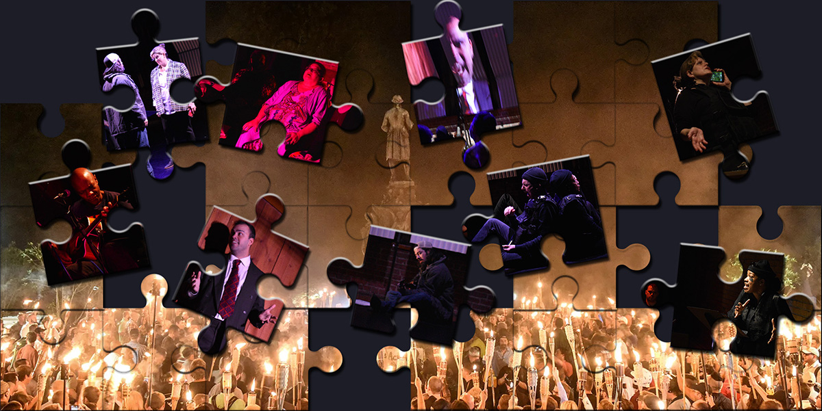 Photo collage of actors from prior workshops of Freedom's Last Stand on puzzle pieces over a partially completed puzzle that shows tiki torches and the statue of Robert E. Lee at the Unite the Rite rally in Charlottesville, 2017.