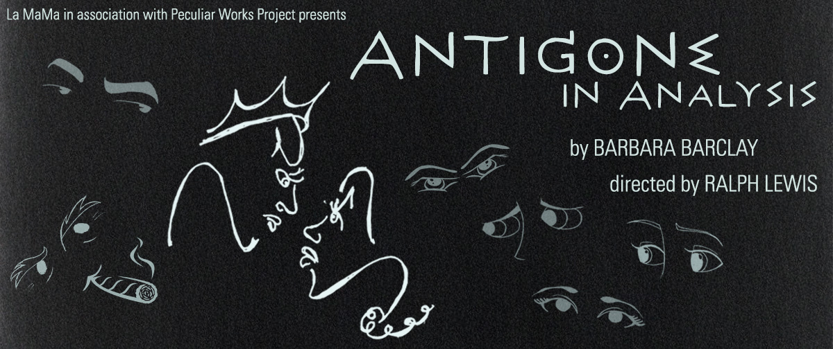 Antigone in Analysis: white line drawing of two women's face staring each other down while many pairs of eyes in the background observe them..