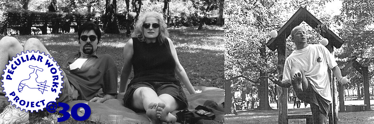 30 YEARS: PICNICS. Black and white photo of Alfred Leslie and Catherine Porter deep in discussion at our company picnic in 1996.