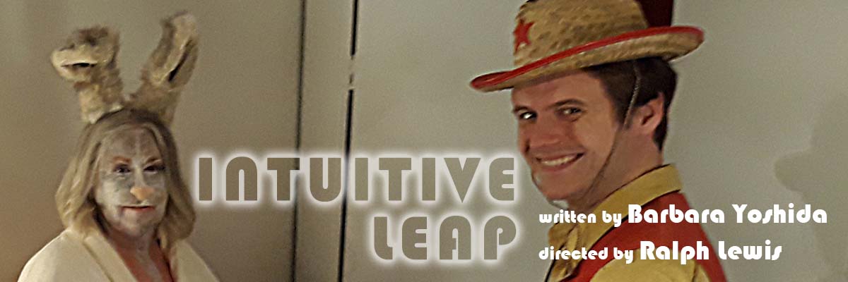 Intuitive Leap. Photo of Laurie Bennett as Woman-as-Hare and Austin Kirk as Manny on the film set. Directed by Ralph Lewis. Written by Barbara Yoshida.