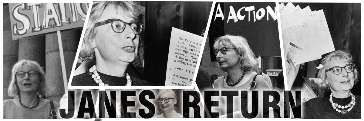 JANES RETURN: A collage of black and white photos of Jane Jacobs at protests to save Penn Station in 1962 and at a city council meeting holing up papers to illustrate her arguments.